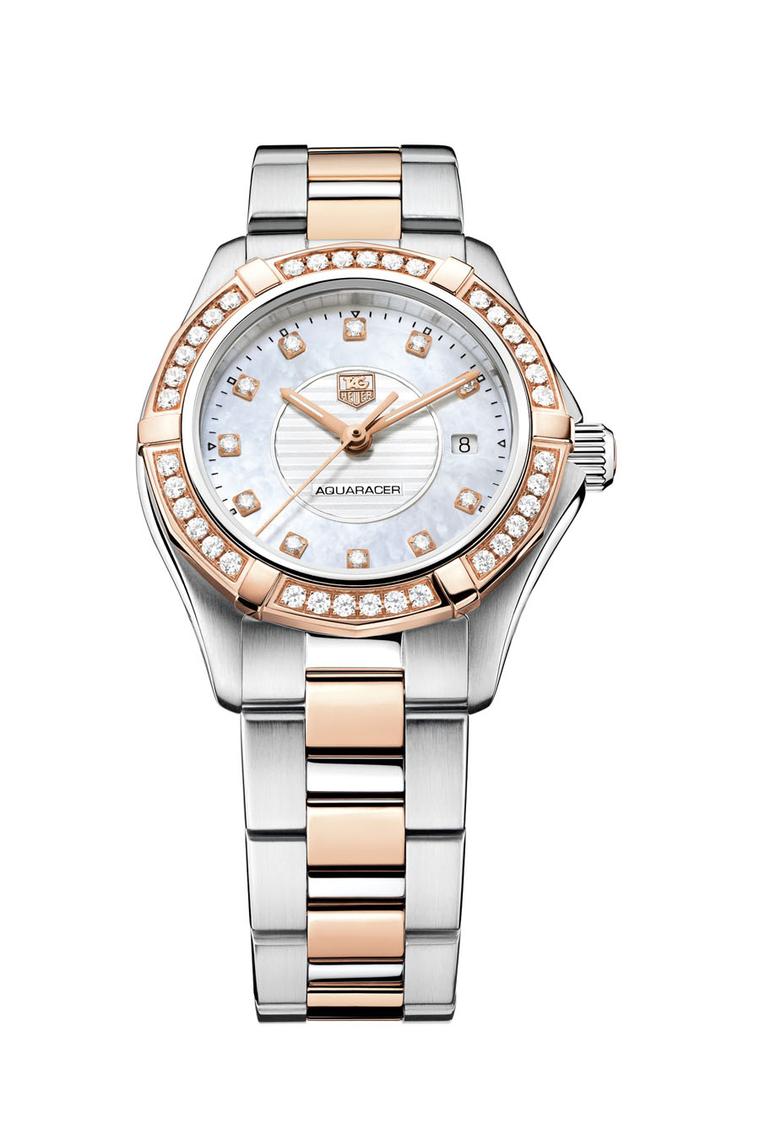 TAG Heuer Lady Aquaracer 27mm watch with diamond dial, diamond bezel and H-link bracelet in steel and rose gold.