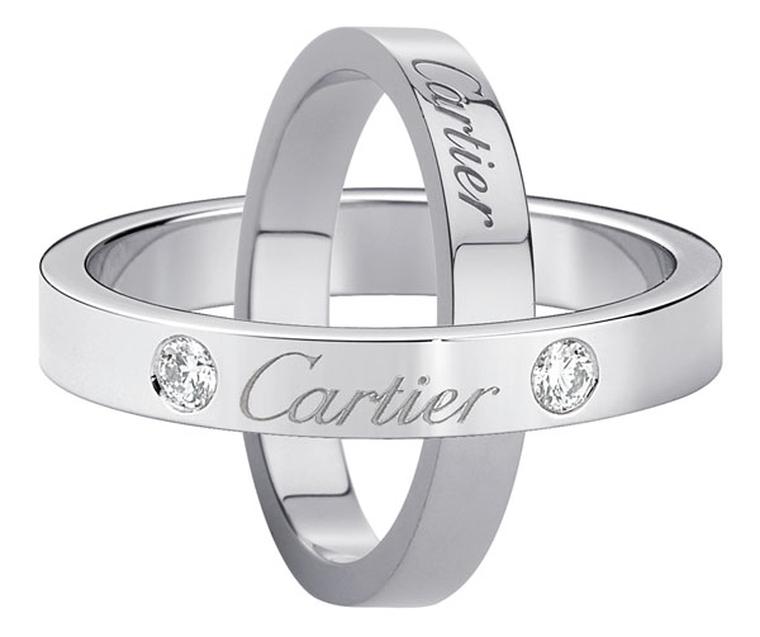 Cartier. Wedding rings engraved with Cartier  - Wedding ring engraved with Cartier, platinum, 2 diamonds; Wedding ring engraved with Cartier, platinum