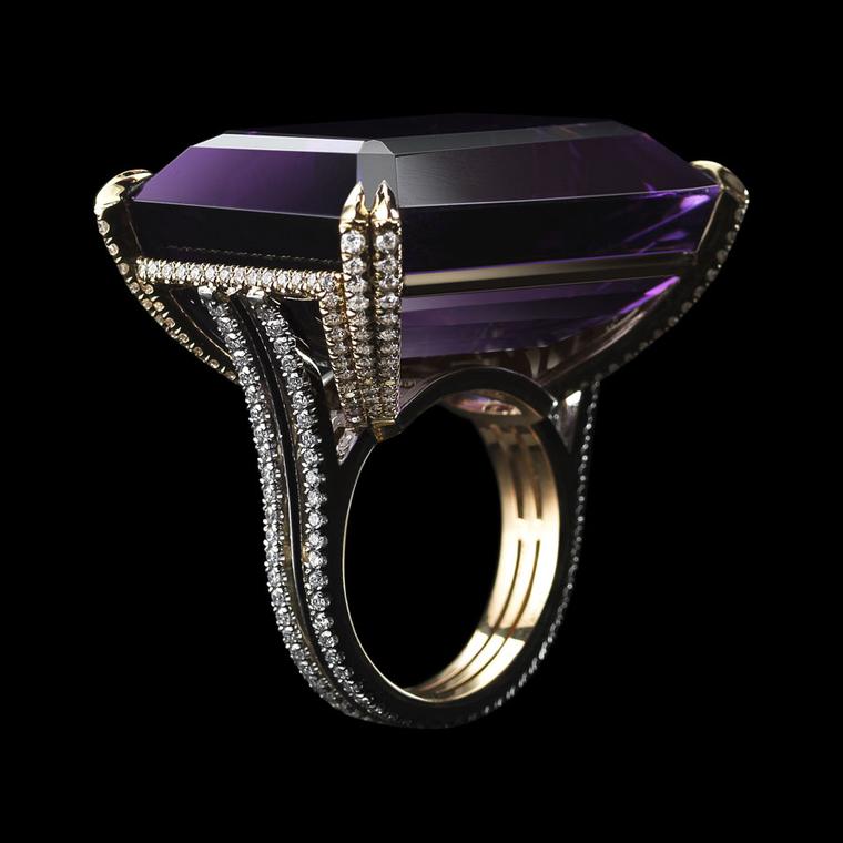 Alexandra Mor emerald-cut rich purple amethyst and diamond ring