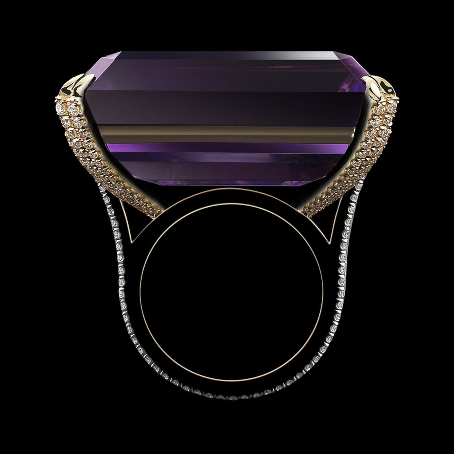 Alexandra Mor emerald-cut rich purple amethyst and diamond ring.