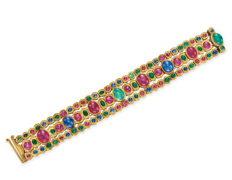 Christies lot 296 FROM THE ESTATE OF HUGUETTE M. CLARK A RUBY, SAPPHIRE, EMERALD AND GOLD BRACELET, BY TIFFANY & CO.