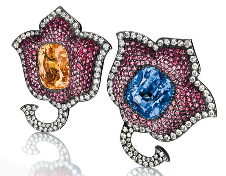 Christies A-pair-of-sapphire,-ruby-and--diamond-Moghul-tulip-flower-ear-clips