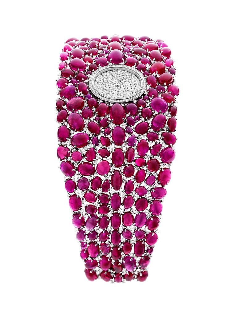 An incomparable statement in fine watchmaking for women, the cabochon-cut rubies on DeLaneau's Grace Ruby jewellery watch total 222.28ct.