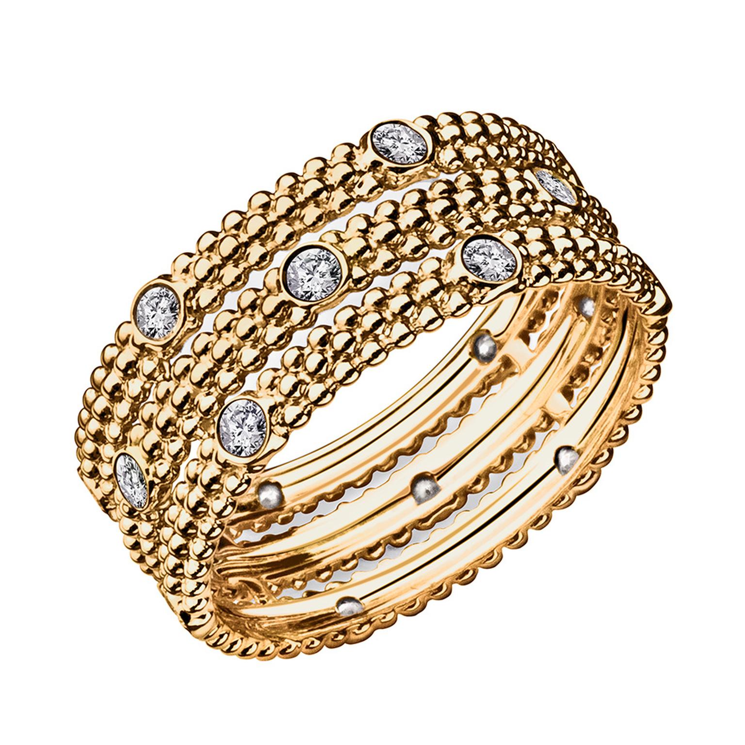 Mauboussin's Le Premier Jour ring in yellow gold features six diamonds ($1,400).