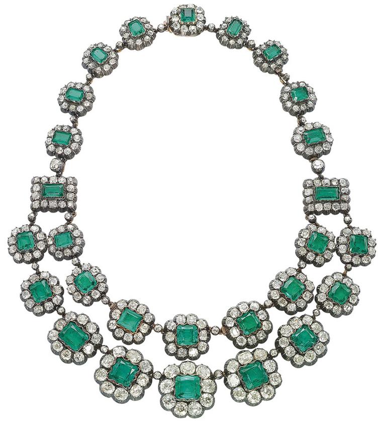 Colombian emerald and diamond two row necklace