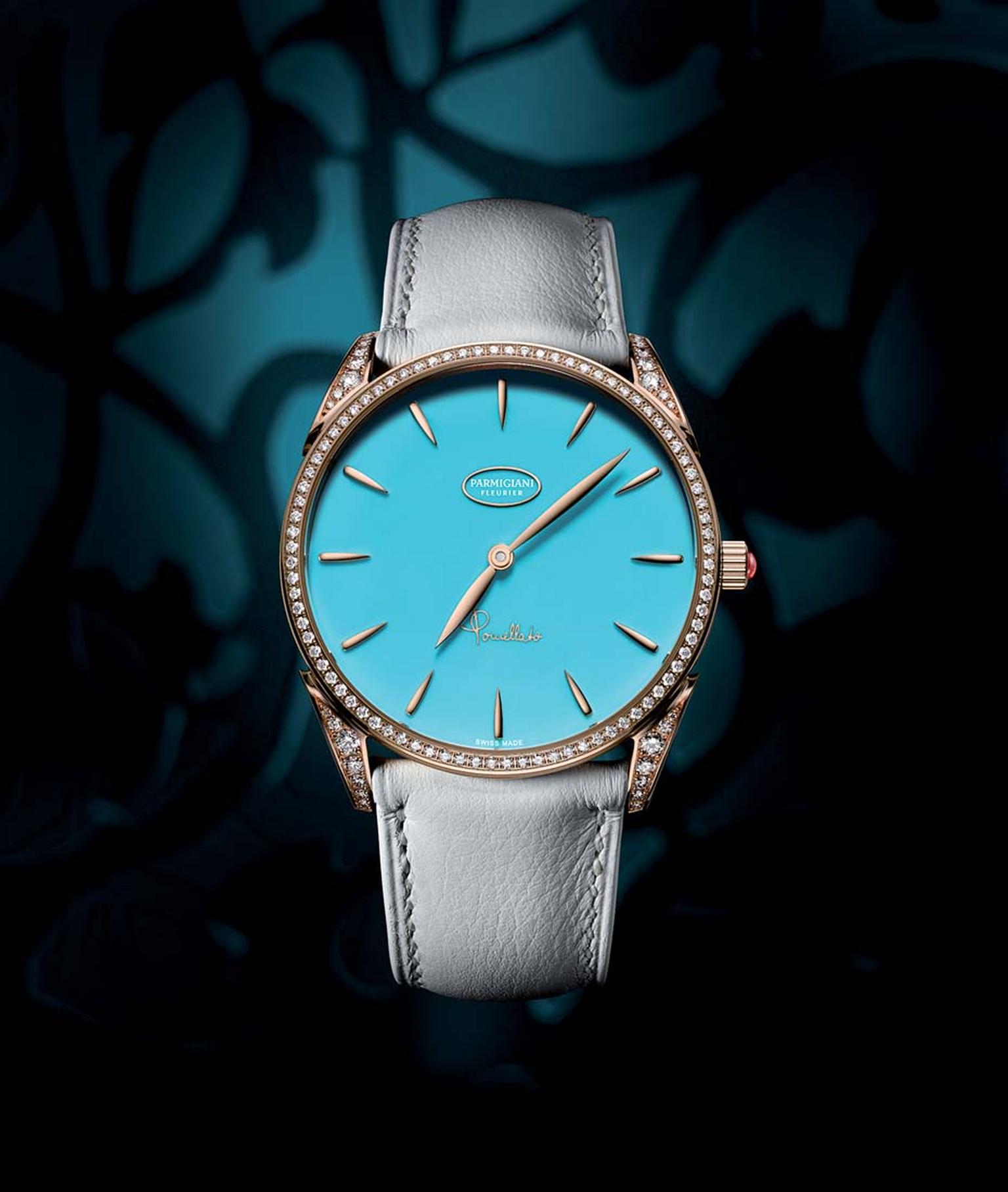 One of the Tonda models captures the spirit of Pomellato's vibrant Capri Collection. The dial features a beautiful turquoise stone set to light with diamonds on the bezel and lugs.