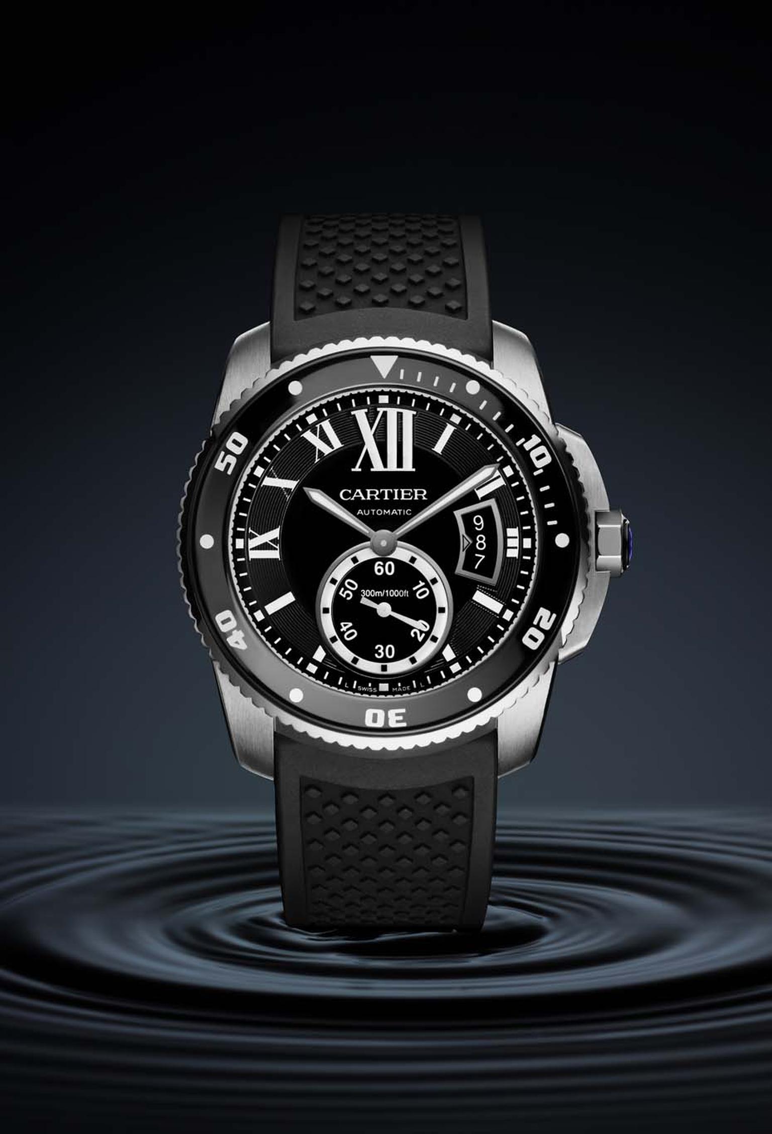 The new Calibre de Cartier Diver in steel features a unidirectional bezel and is water resistant to 300m.
