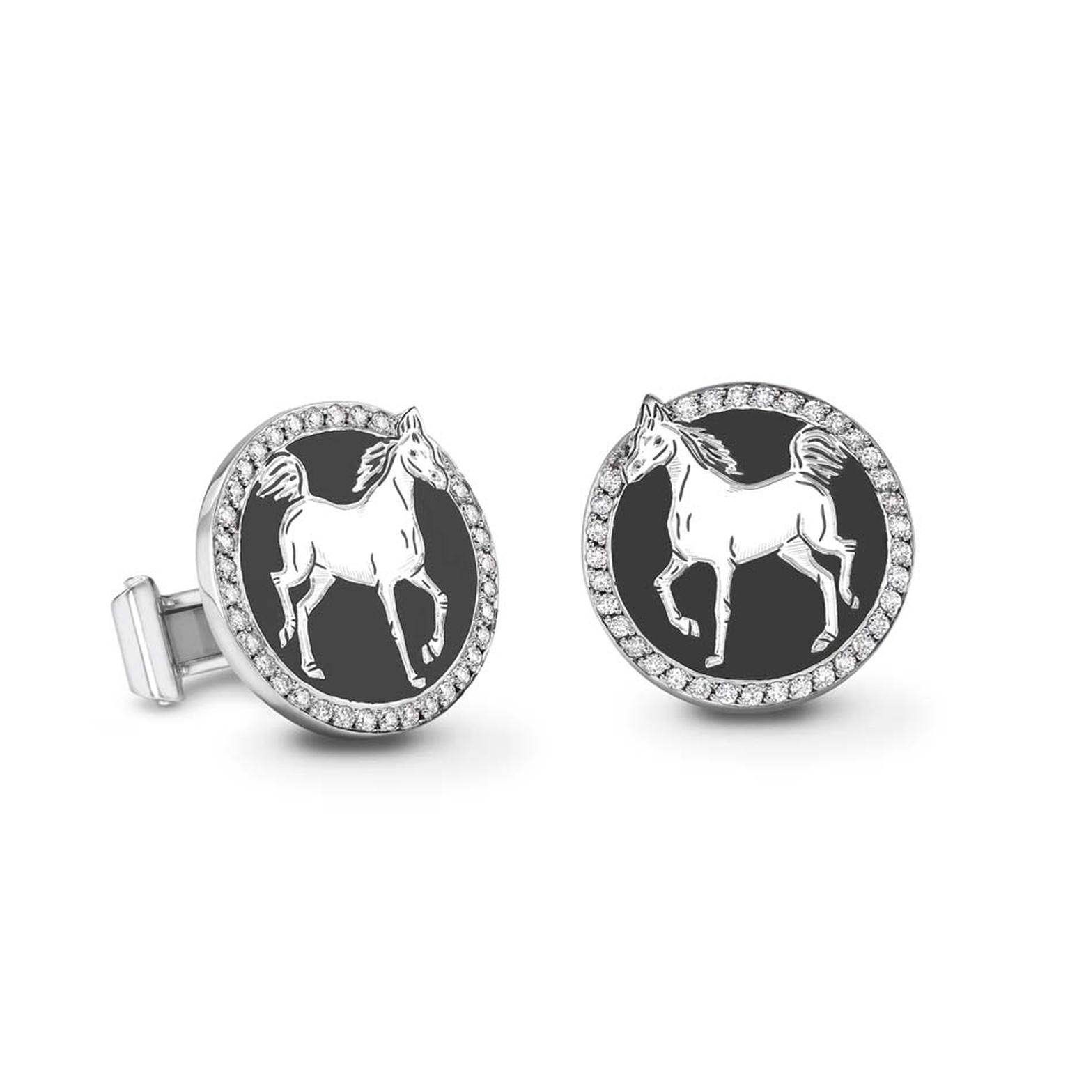 Theo Fennell pays homage to the Year of the Horse with hand-painted enamel cufflinks set with a circle of diamonds (£4,250).