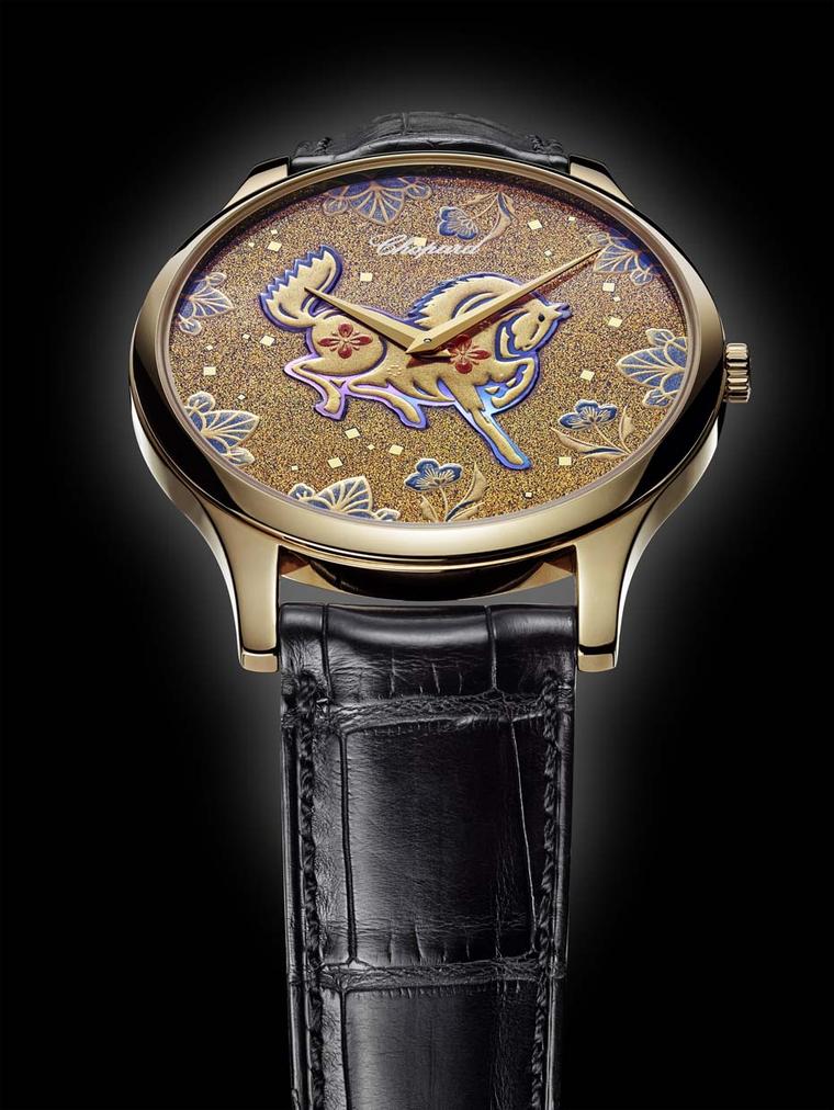 The dial of Chopard's L.U.X XP Urushi Year of the Horse timepiece was handcrafted using a technique called Make-e, which derives from the art of ancient Japanese lacquering called Urushi