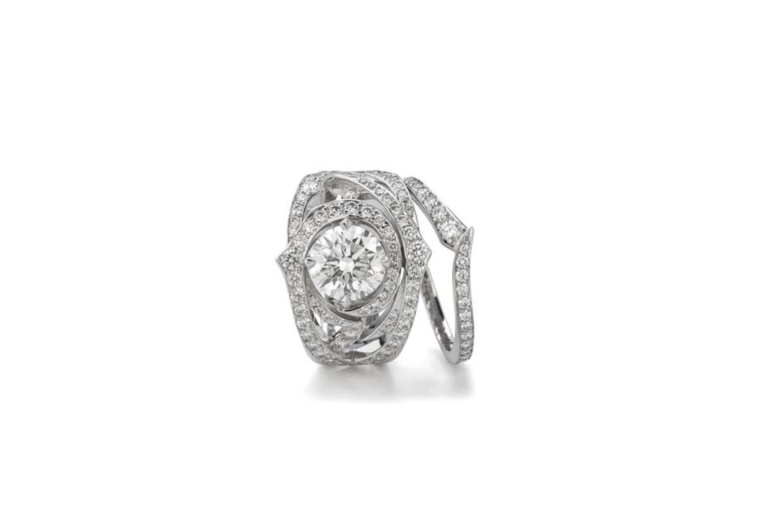 Stephen Webster's Bridal Collection 'Thorn' engagement ring and pavé diamond band with Forevermark diamonds.