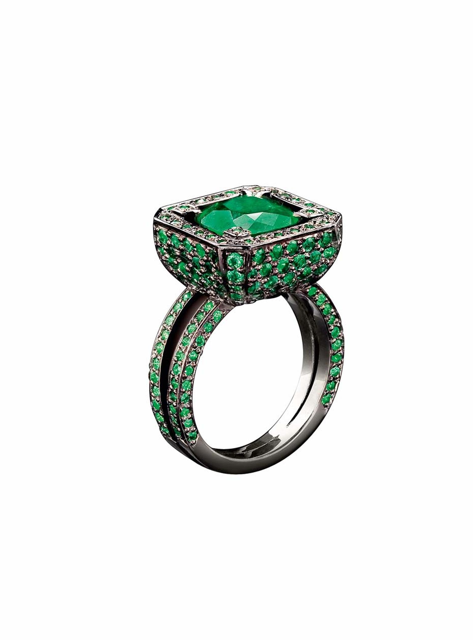 Solange Azagury-Partridge Cup ring with a central emerald, pavé set emerald "cup" body and emerald-set band in blackened white gold.