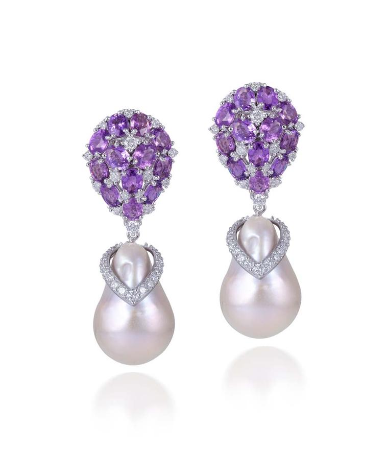 Farah Khan amethyst, diamond and pearl drop earrings.