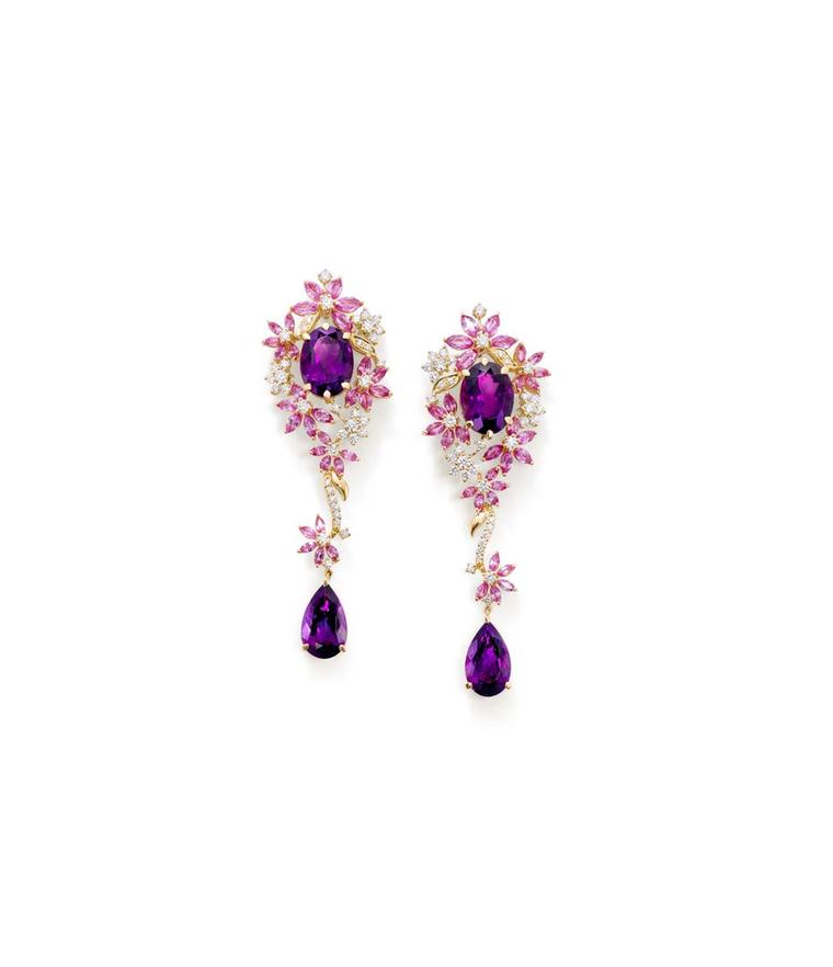 Ganjam 'Le Jardin' collection earrings set with oval and drop amethysts and pink sapphire flowers, interspersed with diamonds.