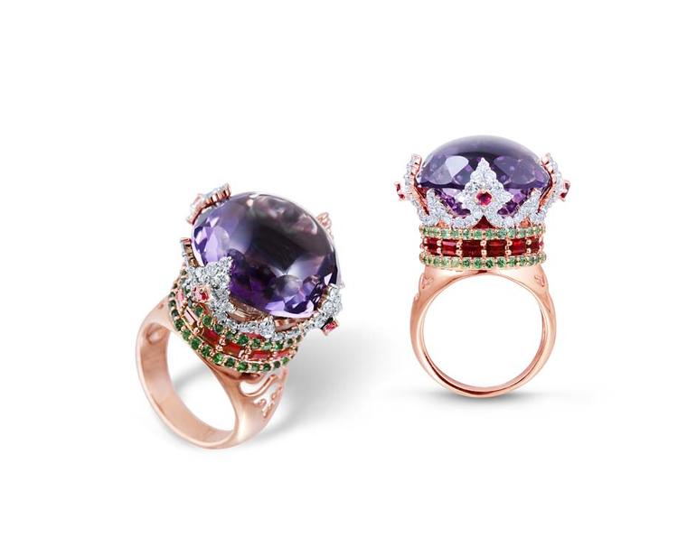 Farah Khan Crown rose gold ring with a central amethyst surrounded by diamonds, rubies and emeralds