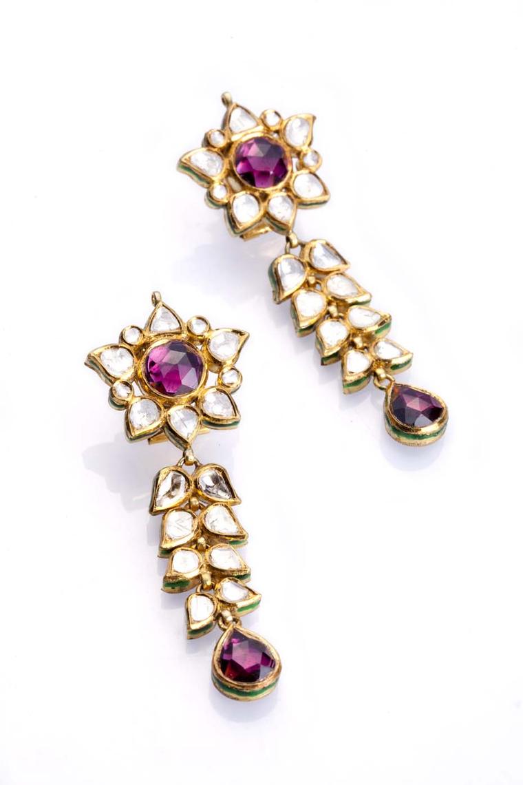 Entice kundan polki floral earrings with pinkish-purple tourmaline.