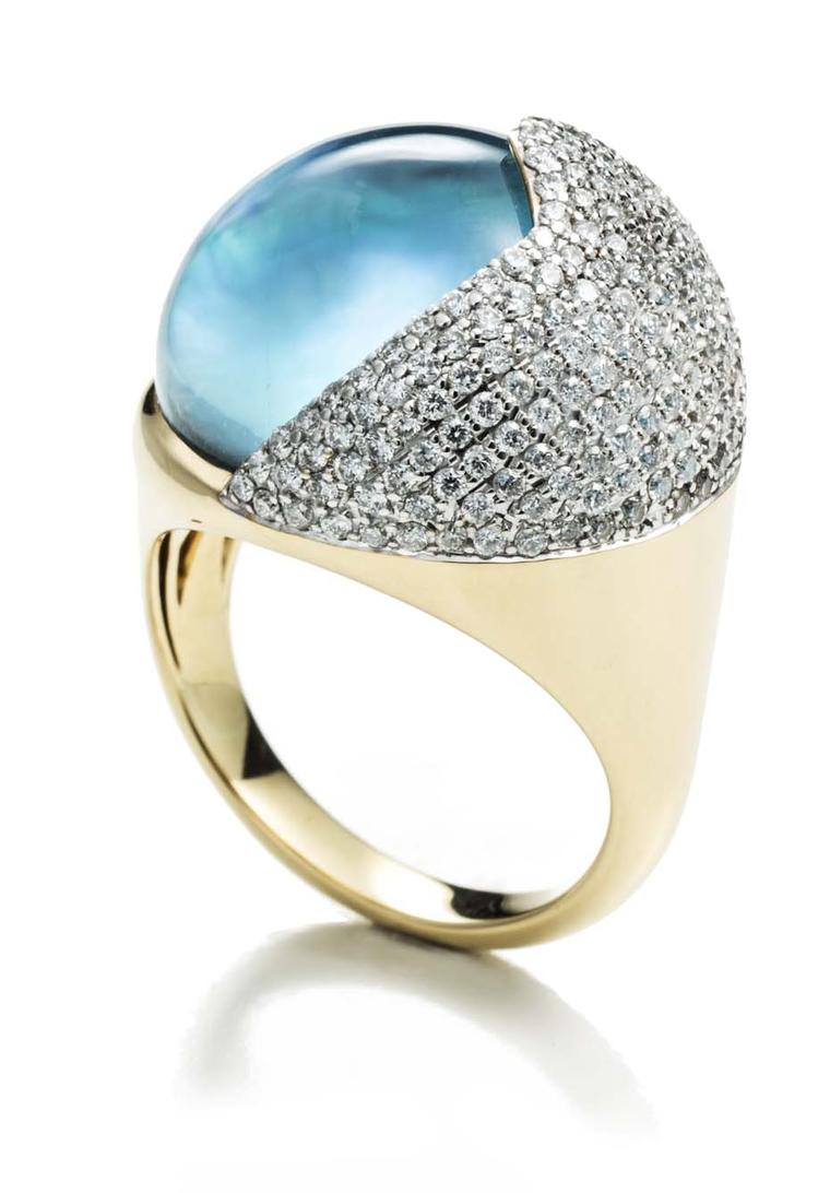 Kara Ross Petra Smooth Contour ring in gold with sky blue topaz and diamonds