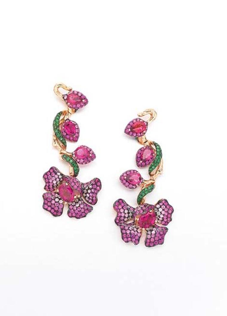 Wendy Yue’s Diamond Tree earrings with rubellites, white sapphires, pink sapphires and tsavourites.