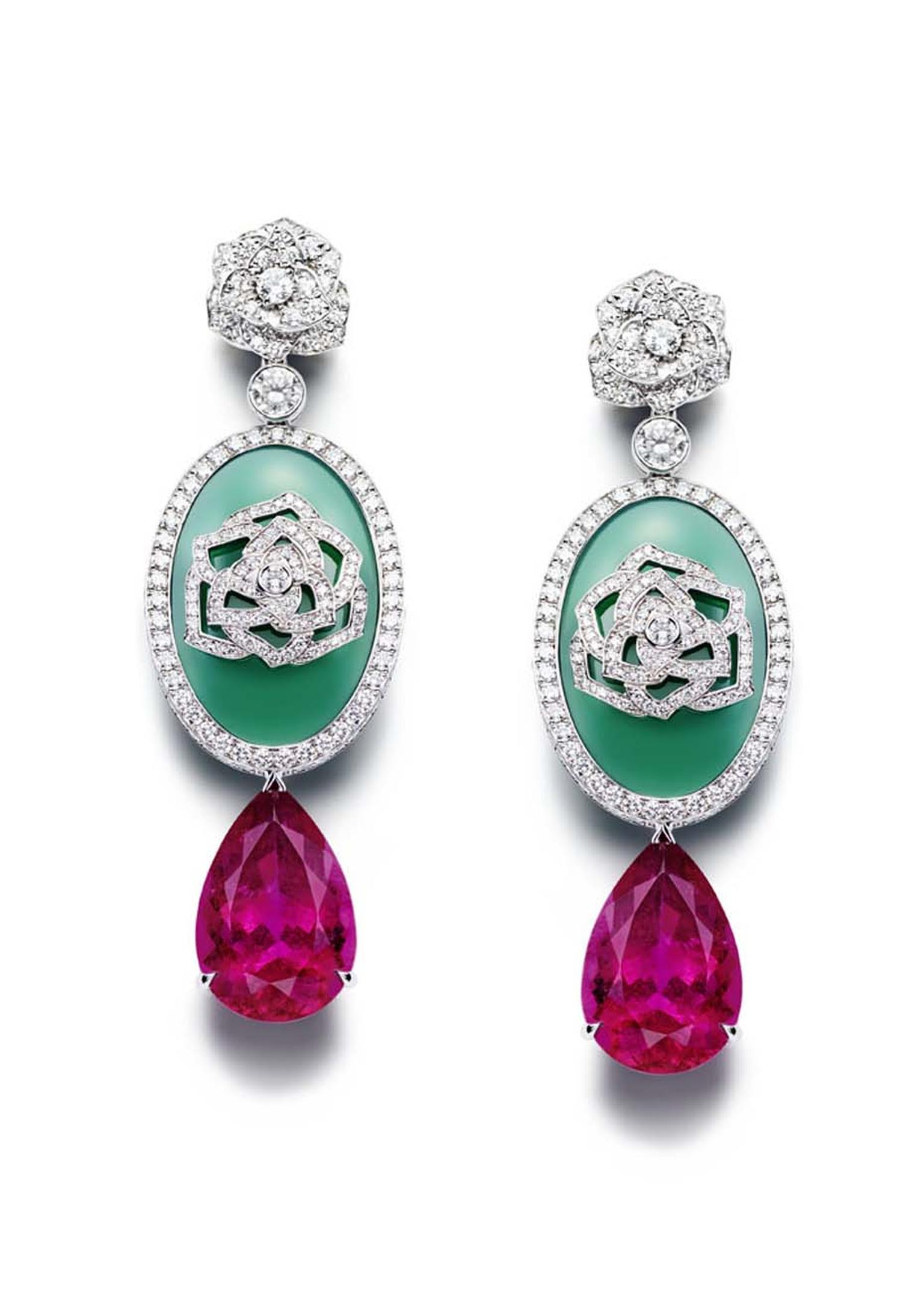 Piaget Rose Passion earrings in white gold, with pear shaped rubellites and chrysoprase surrounded by diamonds