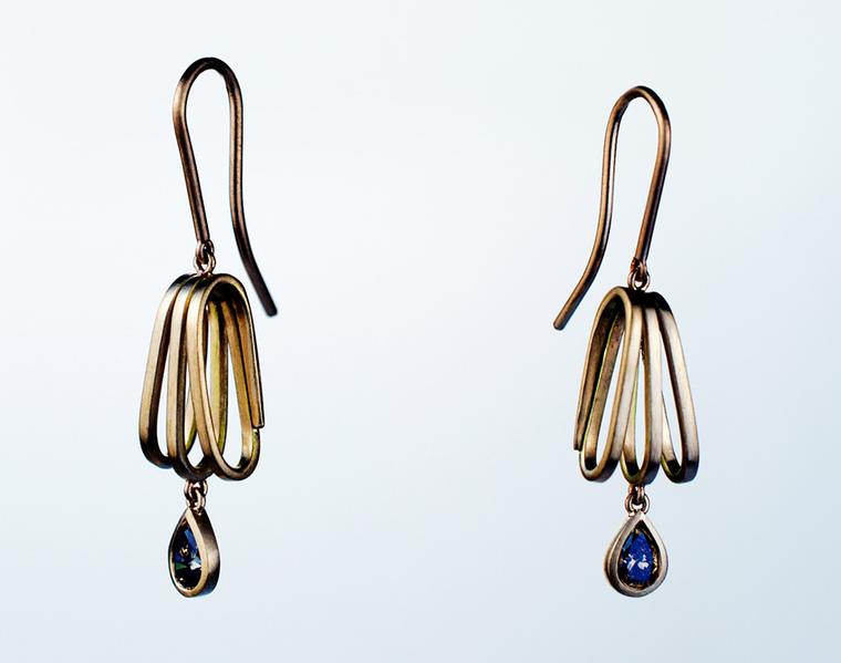 Cox & Power Seascape earrings in Fairtrade red gold, set with pear-shaped cognac diamonds.