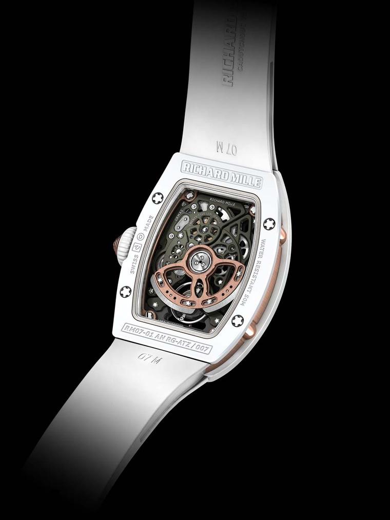 The reverse of the Richard Mille RM 07-01 watch in white ATZ ceramic