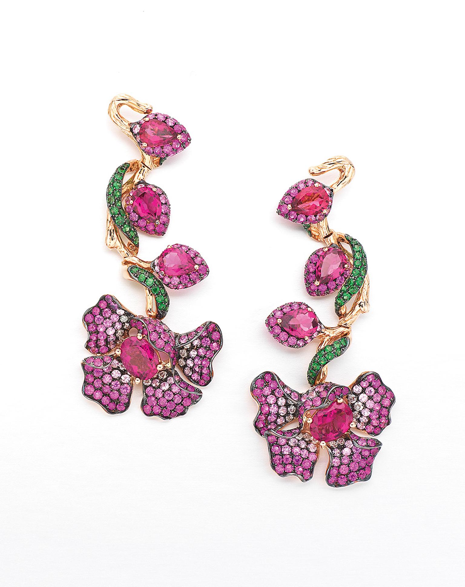 Wendy Yue’s diamond arrings with rubellites, white sapphires, pink sapphires and tsavourites.