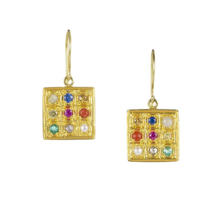 Pippa Small Navaratna earrings in yellow gold with multi-coloured gemstones
