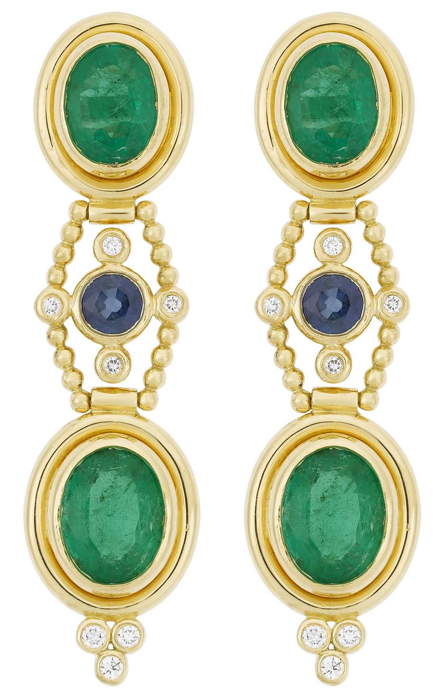 Temple St. Clair gold Theodora earrings with emerald, sapphire, and diamond earrings