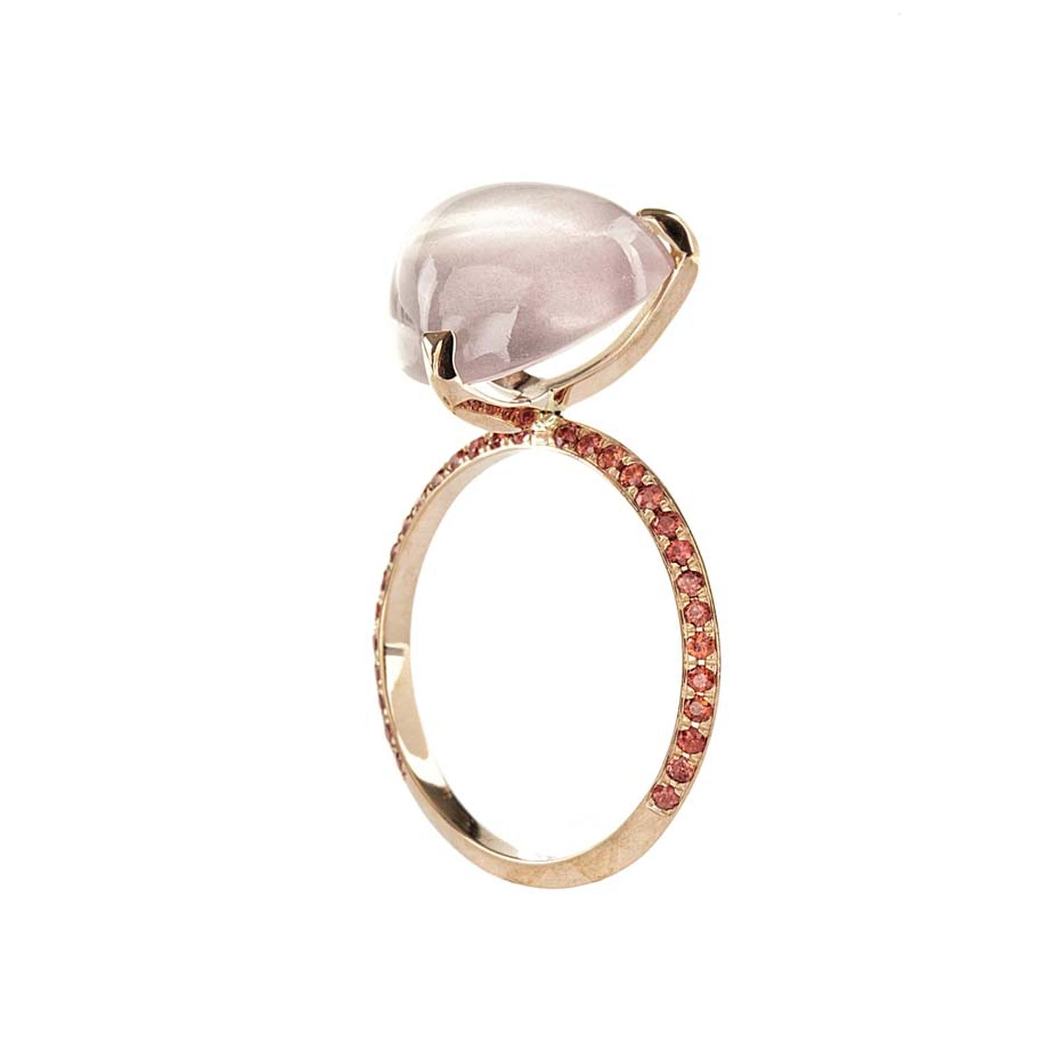 Lito pink gold ring with a 3.5ct oval cabochon rose quartz and orange brilliant-cut sapphires