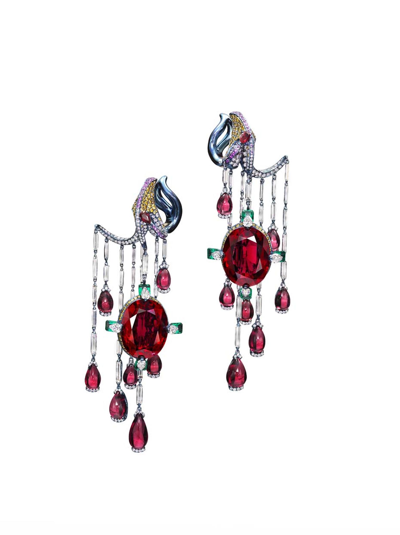 Wallace Chan Vermillion Veil earring set with two rubellites weighing 20.96ct and 20.03ct, diamonds, emeralds, rubies and yellow diamonds