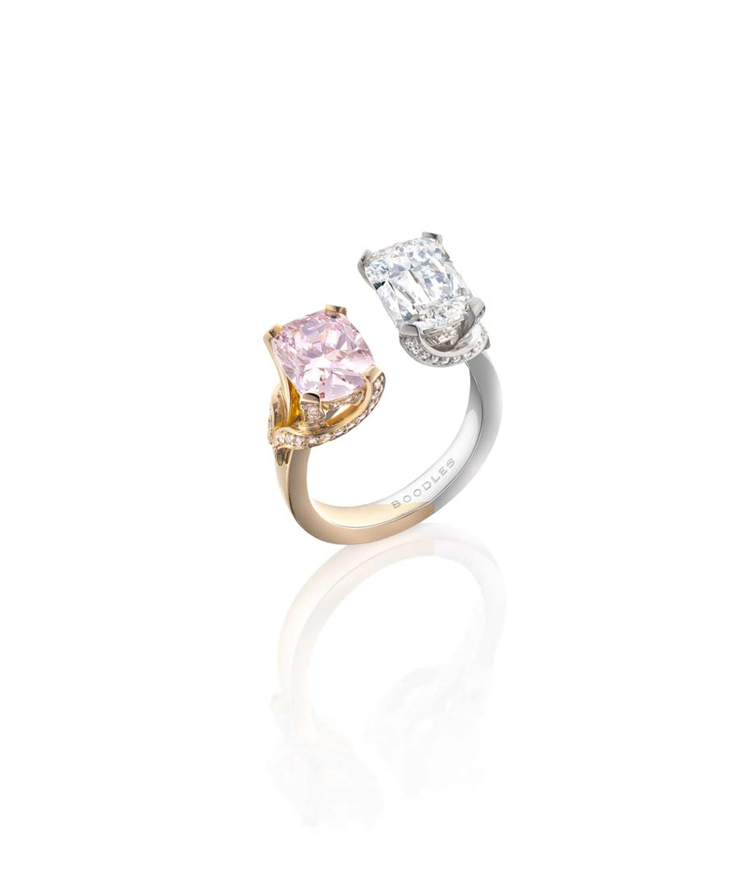 Boodles Gemini white and pink gold ring set with a 3ct Ashoka-cut diamond alongside a 2.5ct Fancy pink cushion-cut diamond (£POA)
