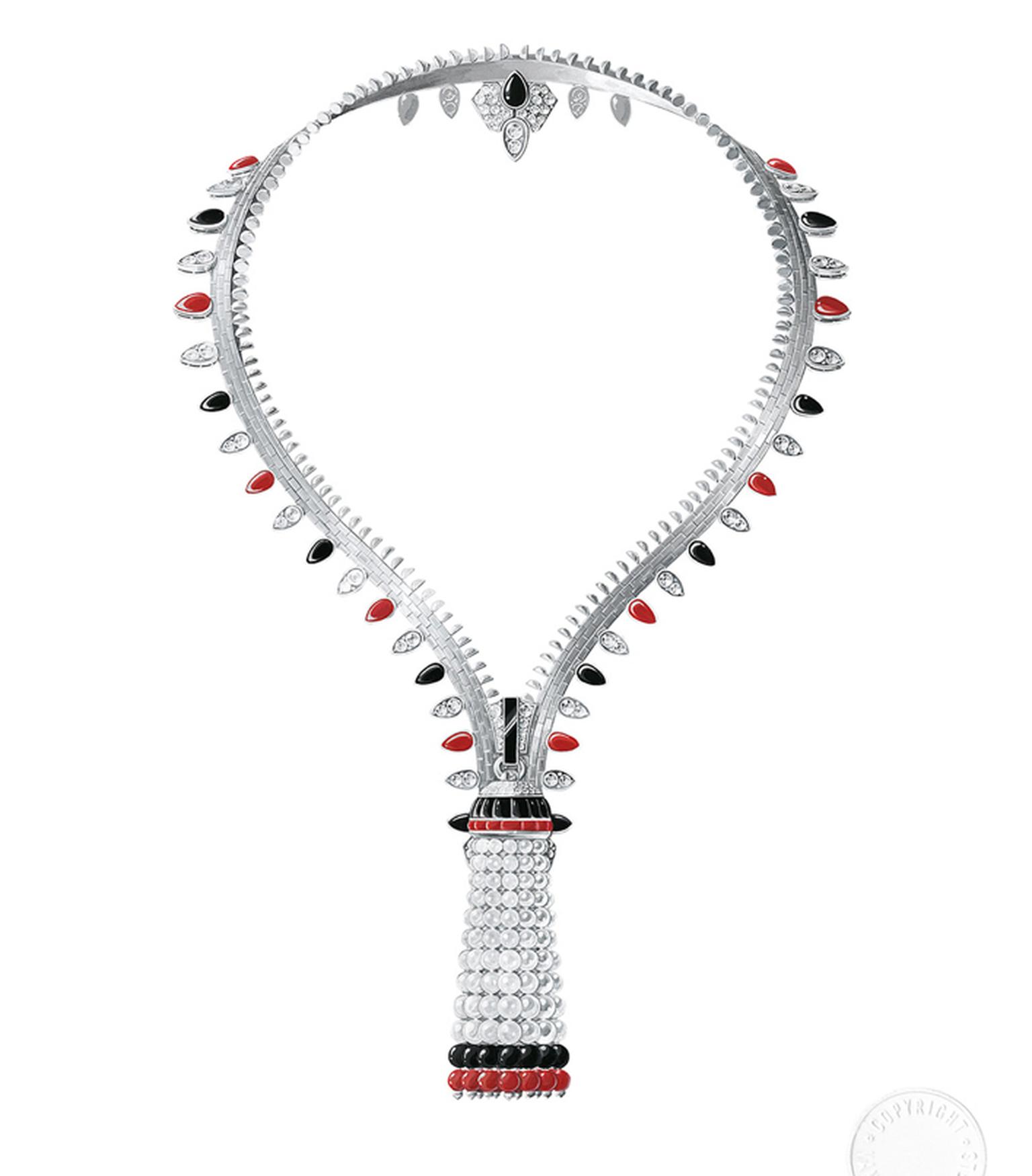 The Van Cleef & Arpels Pierres de Caractère Zip Elegance necklace is transformable into a bracelet in white gold, with round diamonds, onyx and red coral motifs and beads, and white cultured pearls