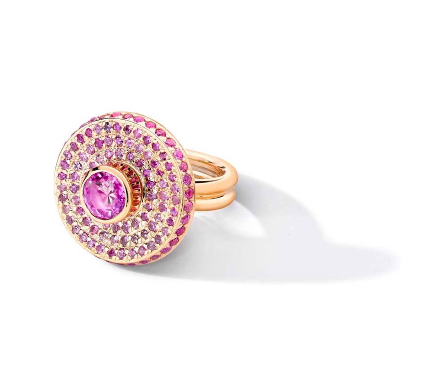 Powder Hill Pink Powder Spinning ring in rose gold with sapphires