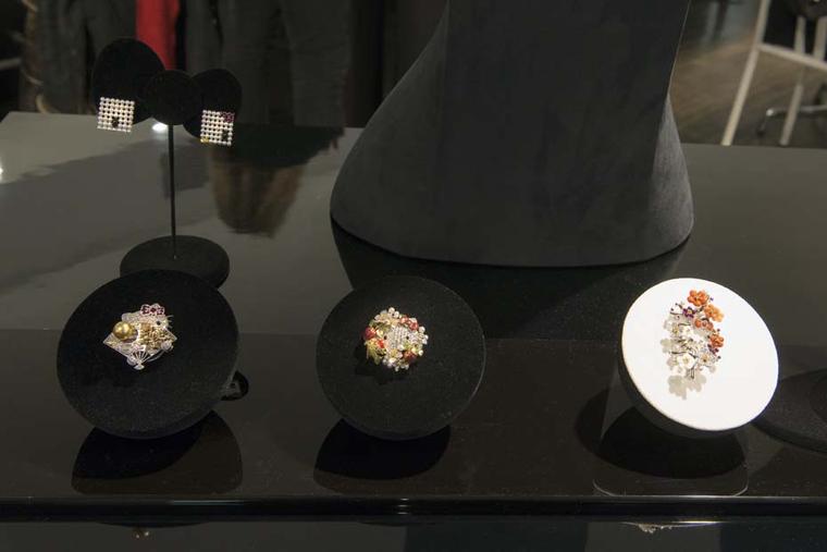 Brooches from the Mikimoto x Hello Kitty collection on display at Colette in Paris for the launch