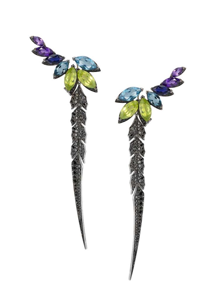 Stephen Webster Magnipheasant earrings with topaz, amethyst and peridot, surrounded by a border of pavé black diamonds