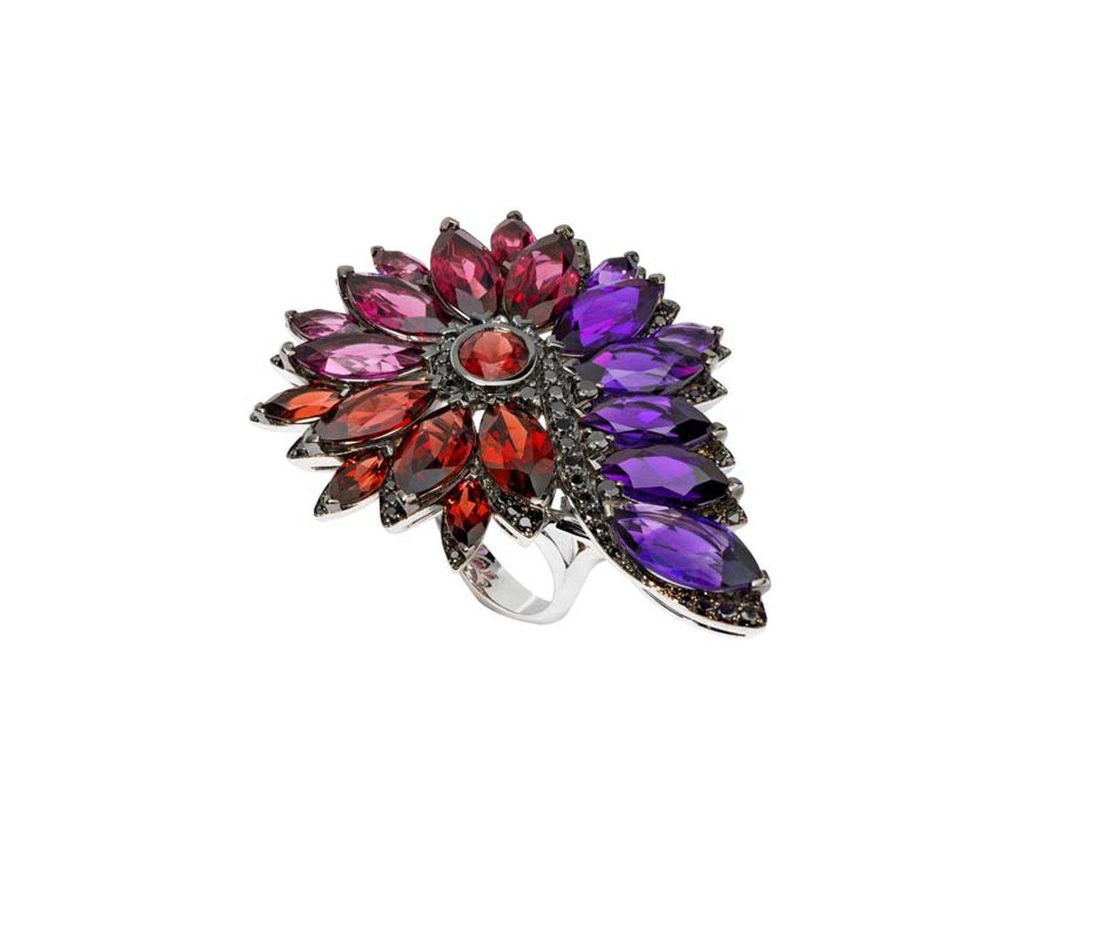 Stephen Webster Albion Rose Magnipheasant ring with amethyst, garnet, pink tourmalines and pavé black diamonds