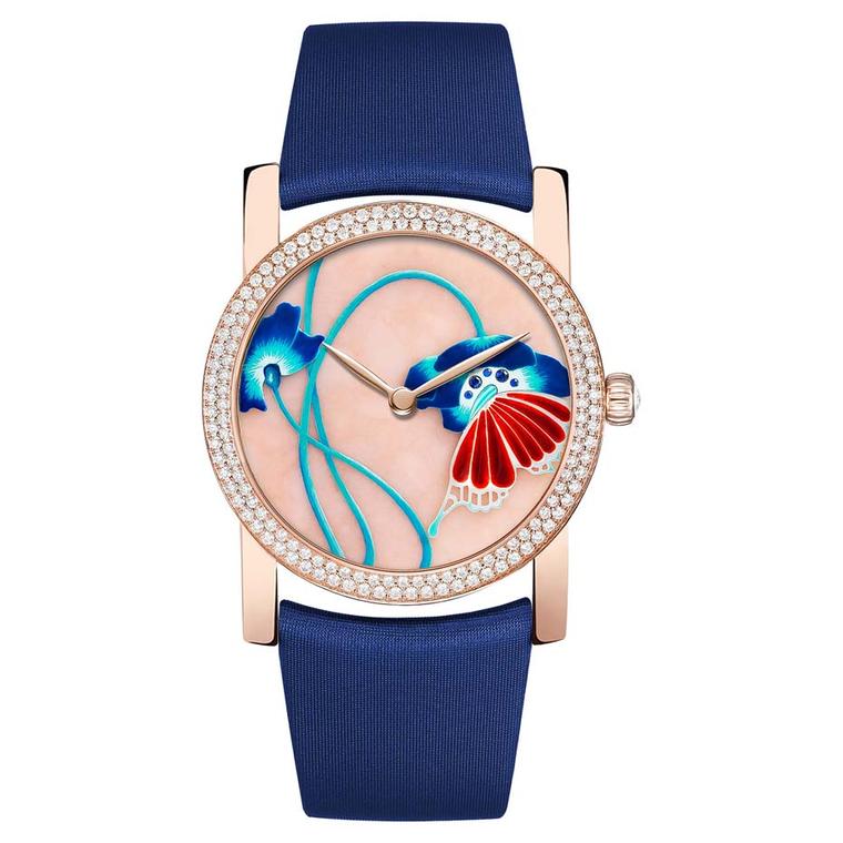 Chaumet Attrape-moi…si tu m’aimes collection watch with a polished pink opal base featuring enamel poppy flowers
