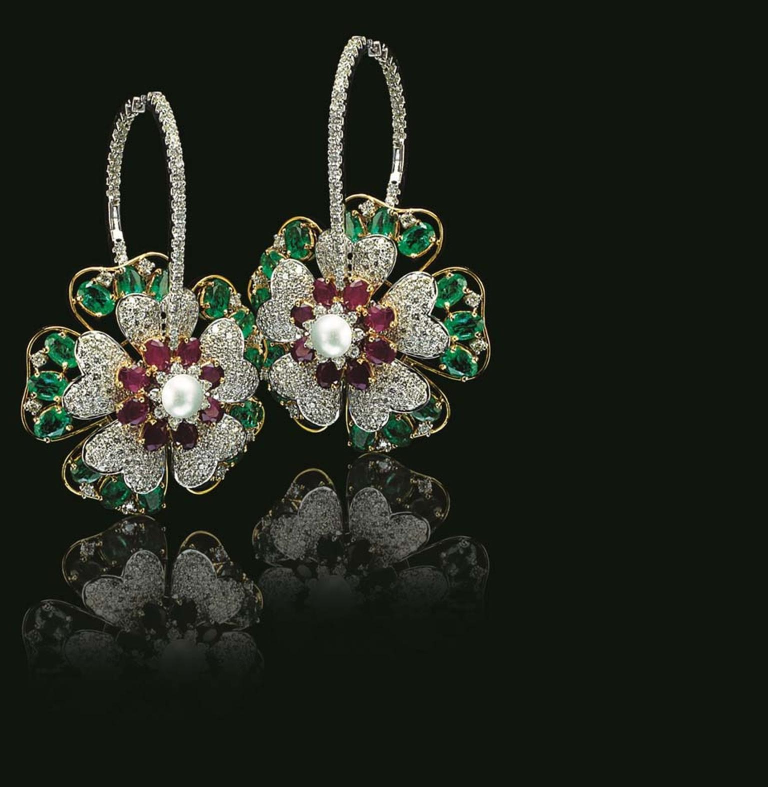 Varuna D Jani Floral hoop earrings featuring diamonds, rubies and emeralds