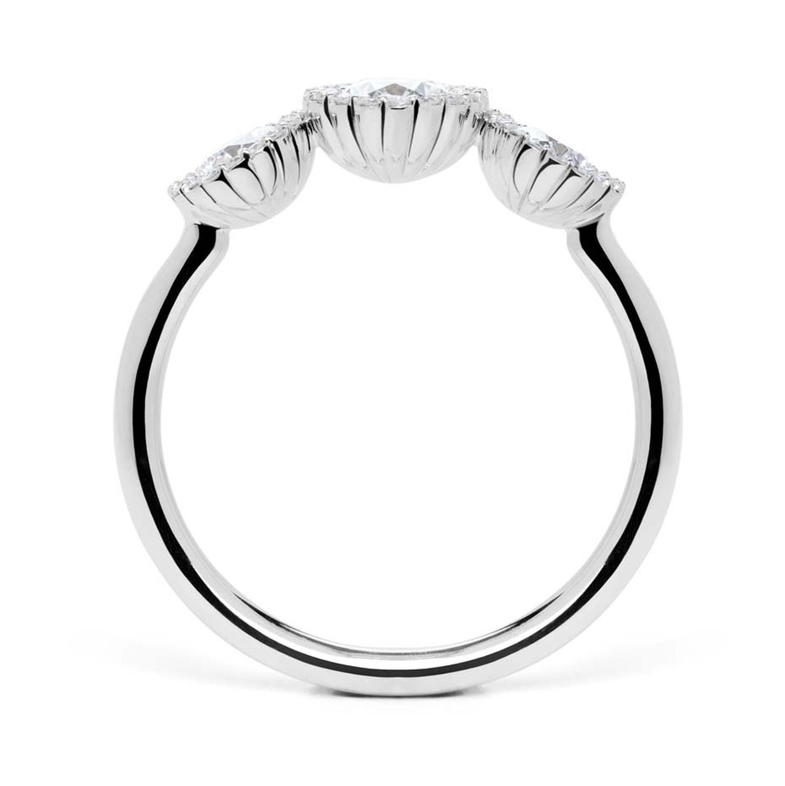 Andrew Geoghegan Cannelé Trois white gold engagement ring features a fluted setting