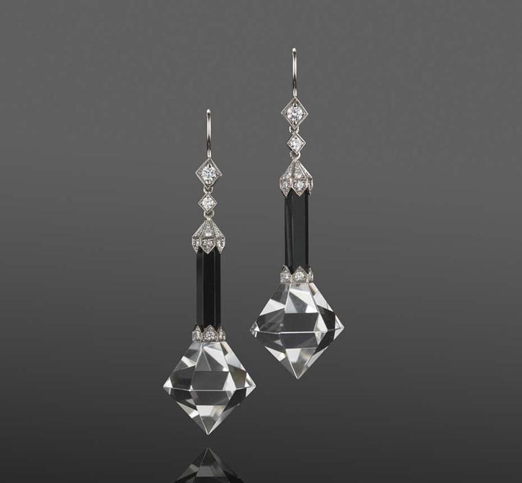 Rock crystal, black jade and diamond prism pendant earrings by Fred Leighton