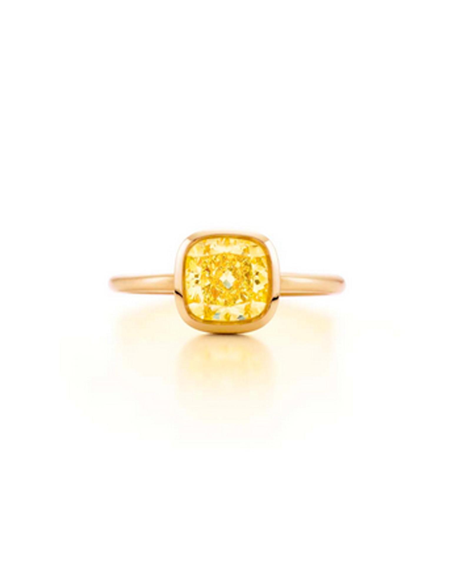 Tiffany cushion-cut yellow diamond engagement ring in pink gold (£POA).