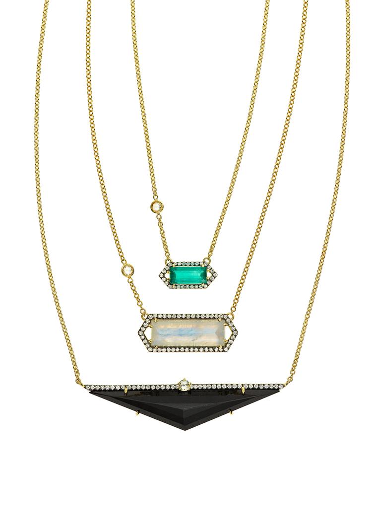 Jemma Wynen yellow gold and diamond Prive necklaces set with black onyx, rainbow moonstone and emerald