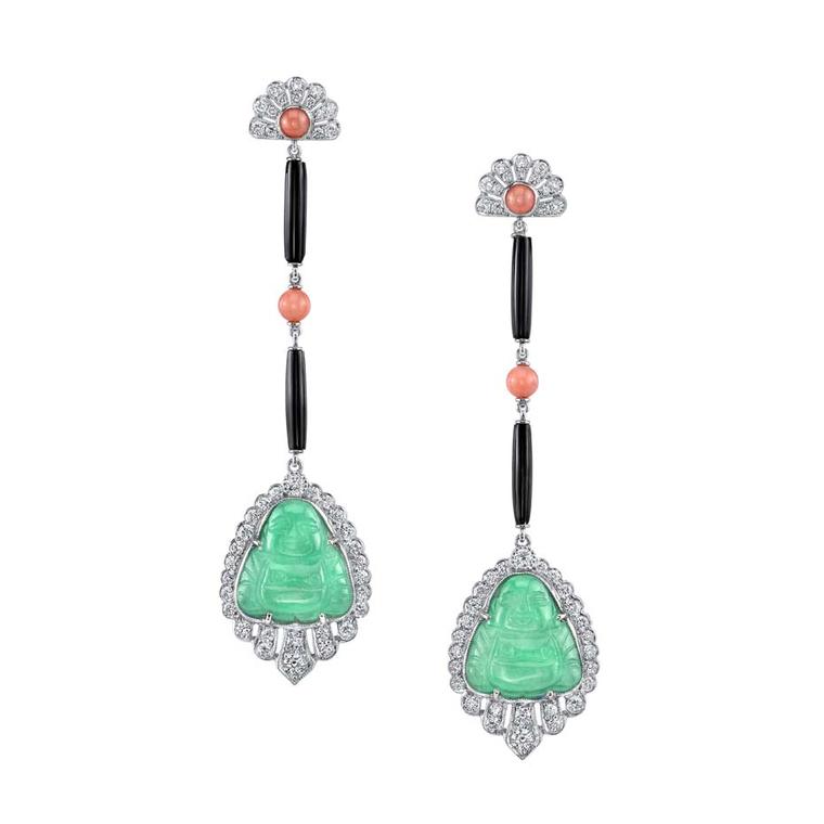 The vintage-inspired diamond, jade, coral and platinum Neil Lane earrings worn by Jennifer Lawrence at the Golden Globe Awards 2014