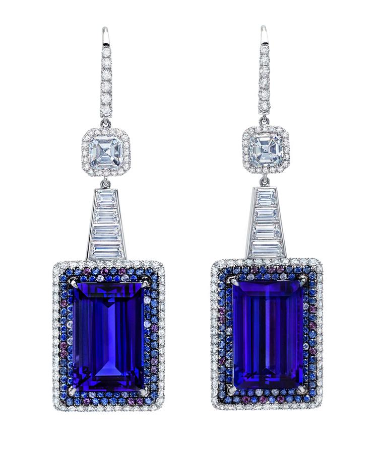Martin Katz New York collection baguett-cut tanzanite earrings in platinum