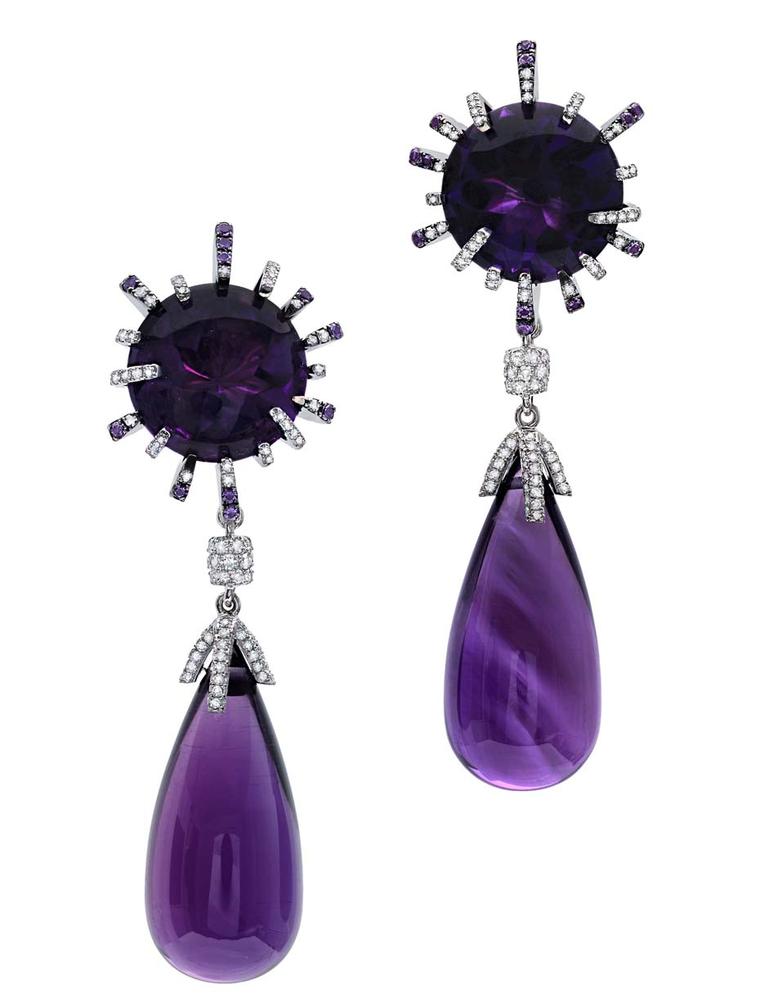 Martin Katz New York collection amethyst teardrop earrings in white gold featuring 31.65ct amethyst briolettes and two amethyst cabochons