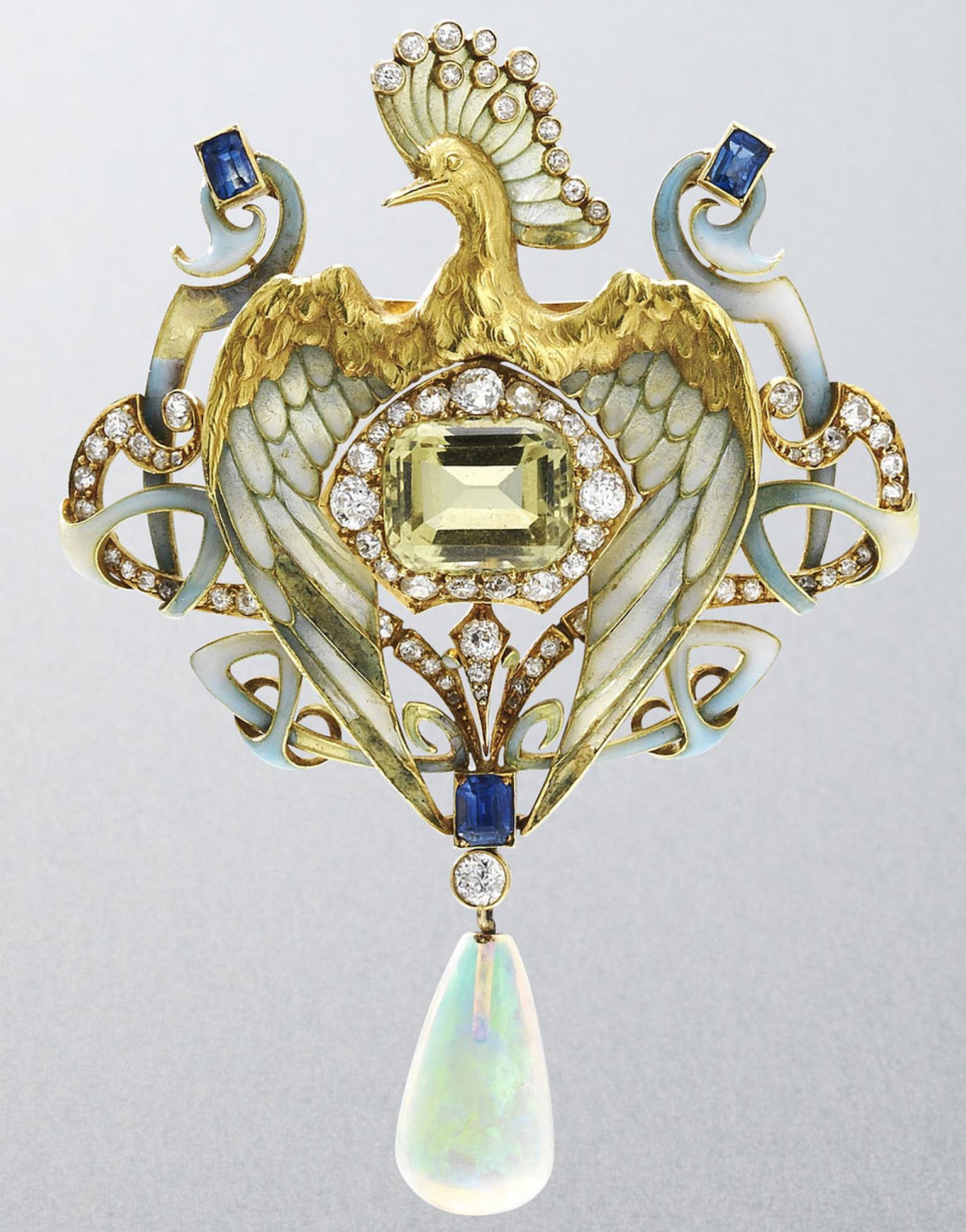 bonhams-An-art-nouveau-enamel,-peridot-and-diamond-broochpendant-with-opal-drop,--by-Philippe-Wolfers,