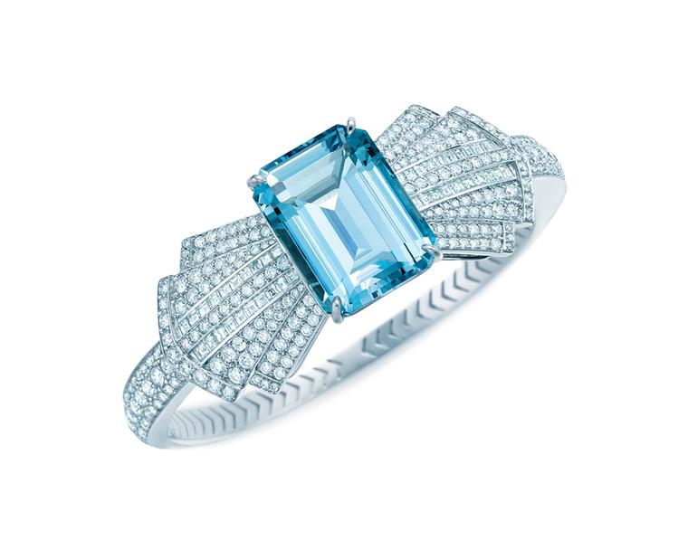 The Tiffany & Co. Blue Book collection aquamarine and diamond bracelet worn by Jessica Biel at the 2014 Academy Awards, inspired by Tiffany designs from the 1930s
