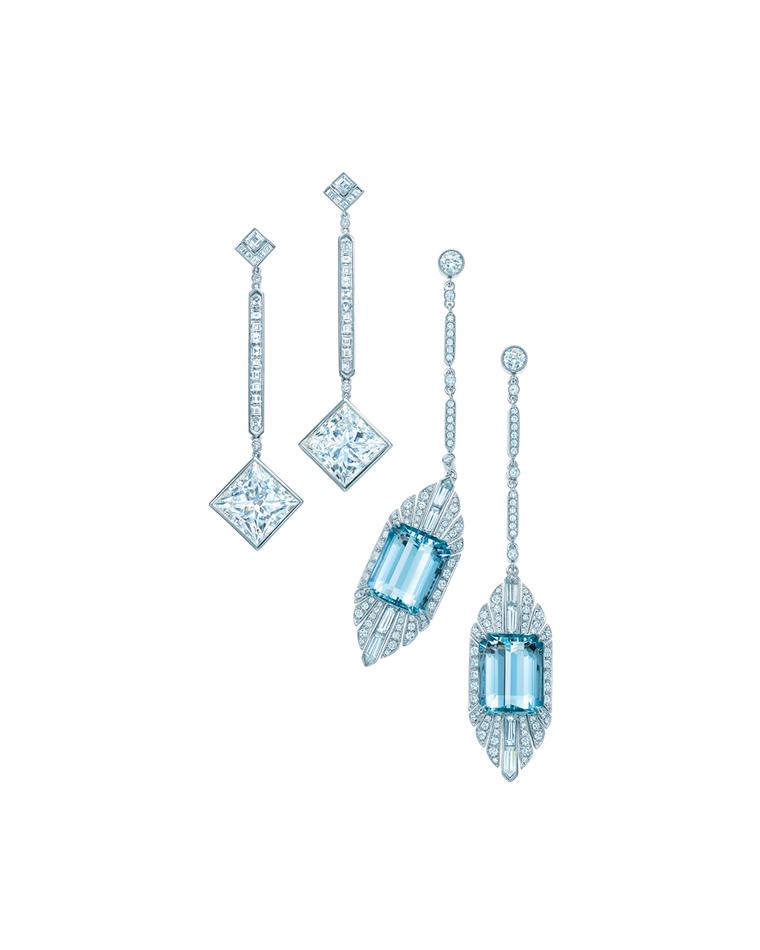 The Tiffany & Co. diamond drop earrings in platinum, left, worn by Jessica Biel at the Academy Awards 2014