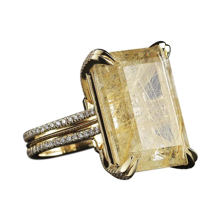 One-of-a-kind Alexandra Mor rutilated quarz and diamond ring in yellow gold