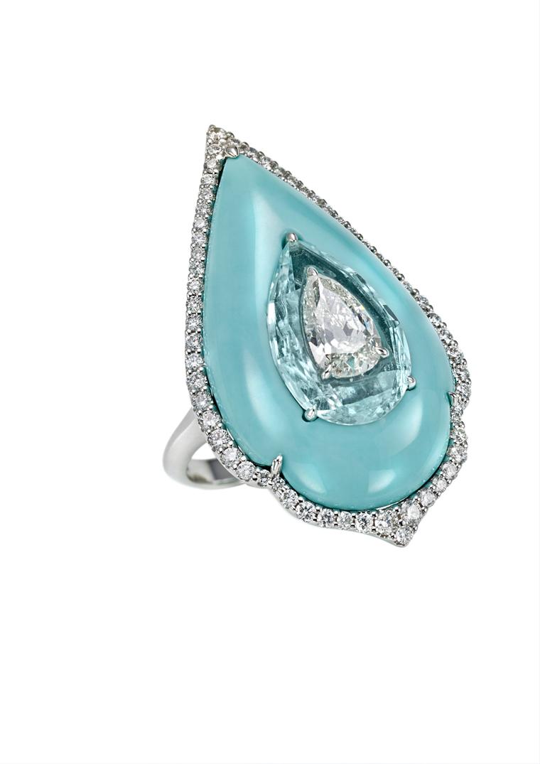 Boghossian diamond inlaid into Paraiba tourmaline, inlaid into turquoise ring
