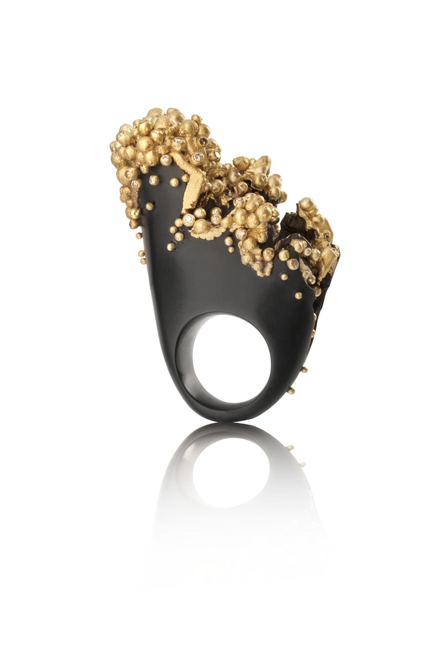 Jacqueline Cullen hand-carved Electro formed Whitby Jet ring with gold granulation overlay, set with champagne diamonds